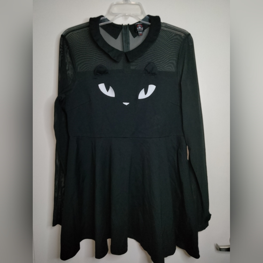 Dolls Kill x Emily (Size 2X) Black Cat Face Sheer Thumbhole Cuff LS Mini Dress